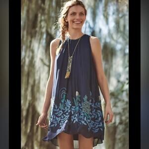 Anthropologie Navy Swing Mini Dress with Teal Floral Border